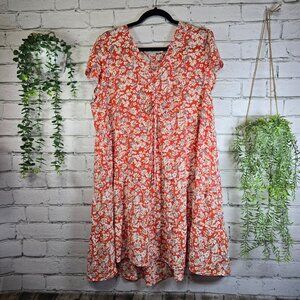 EMMA AND MICHELE CORAL FLORAL PRINT DRESS TIERED RUFFLED FLOWY SIZE XL